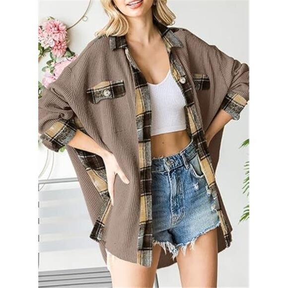 Women's Waffle Knit Plaid Shacket –  Button-Down Shirt Jacket - Picture 6 of 7